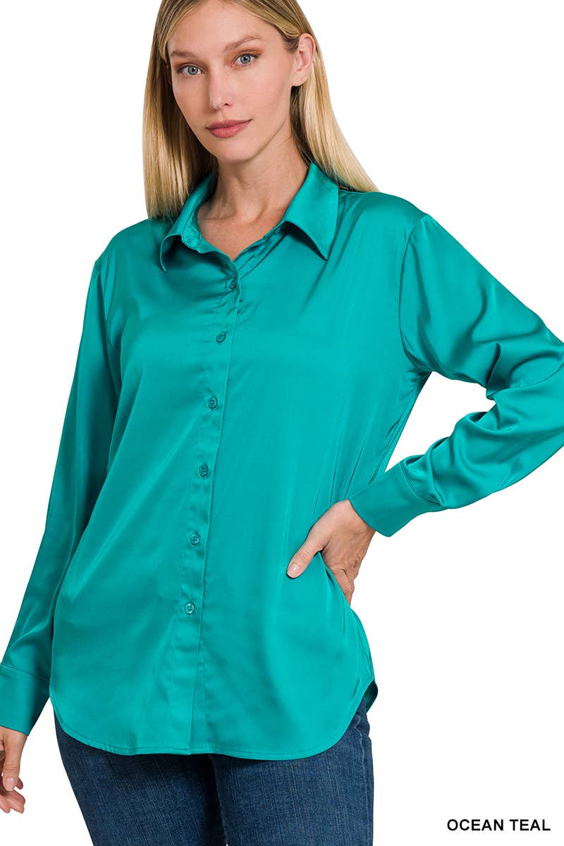 Ocean Teal Satin Charmeuse Button Front Shirt