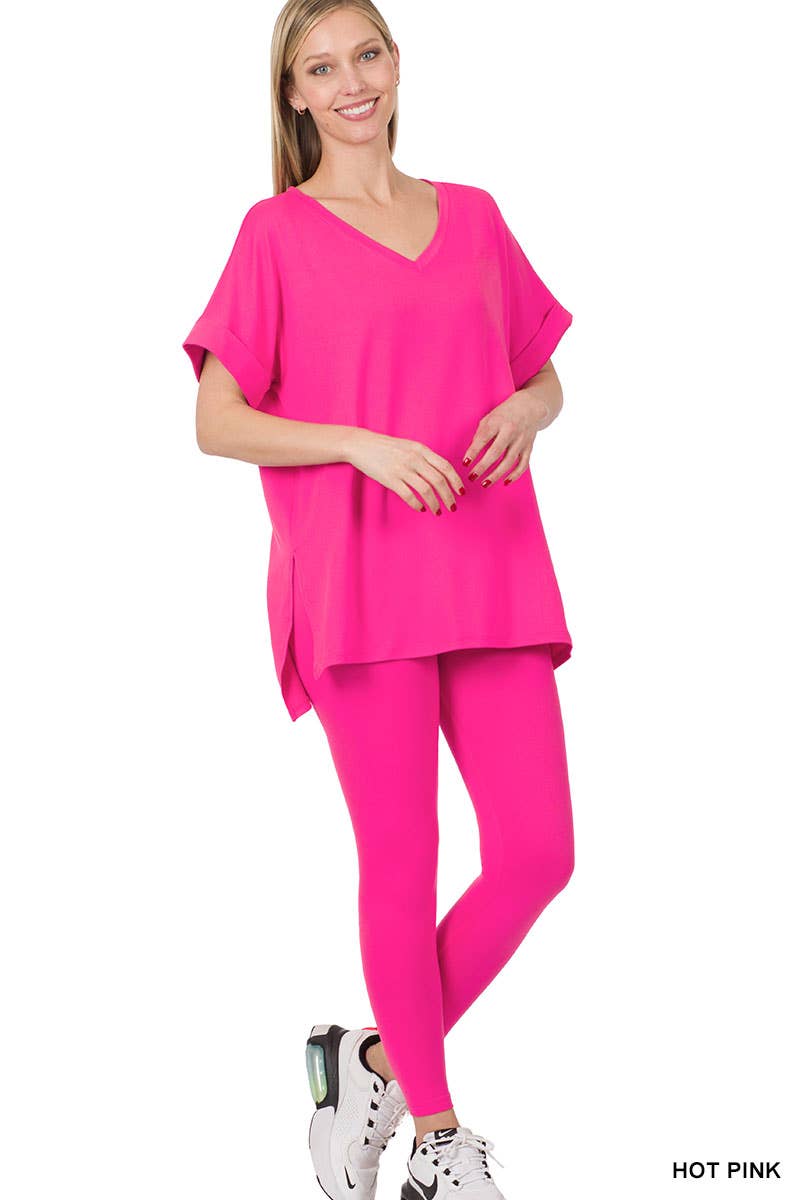 Brushed Microfiber Lounge Set (V Neck) - Hot Pink