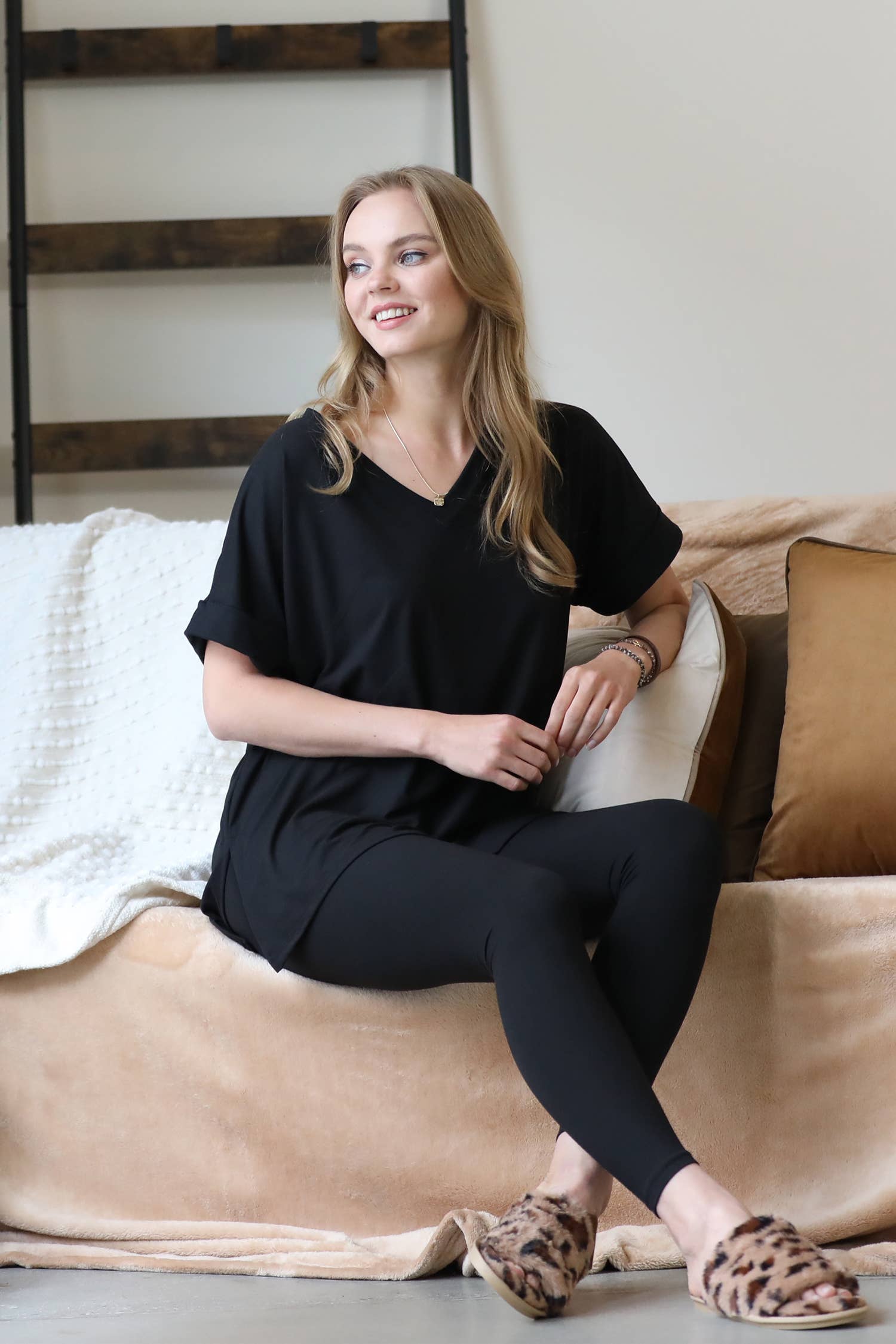 Brushed Microfiber Lounge Set (V Neck) - Black